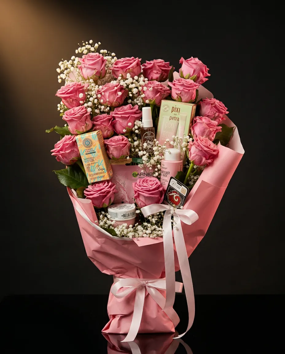 Création florale personnalisée Betty Bloom aux roses roses et cadeaux beauté